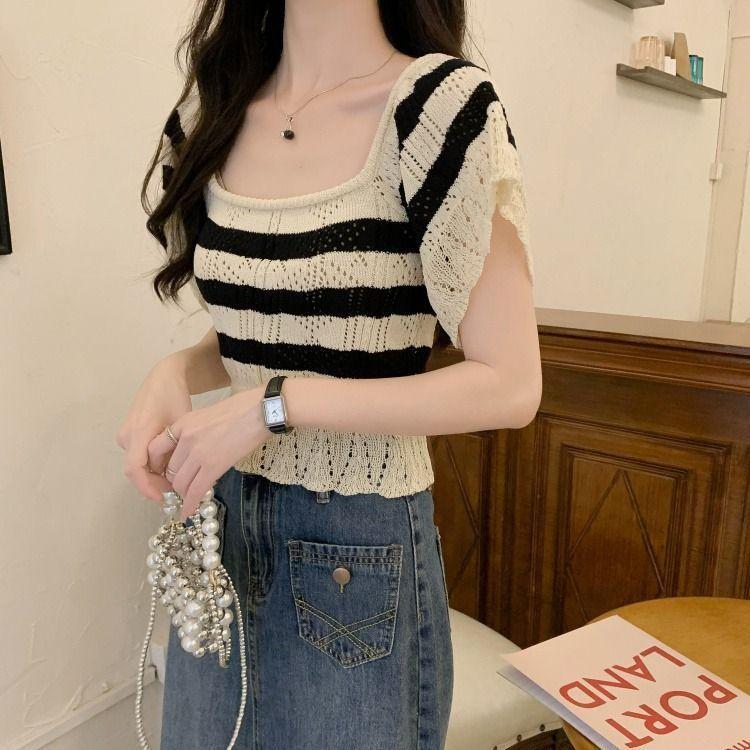 French Hollowed Out Knitted Sweater with Unique Style Square Neck Ice Silk Striped T-shirt for Women Summer Tight Fitting Short Style
