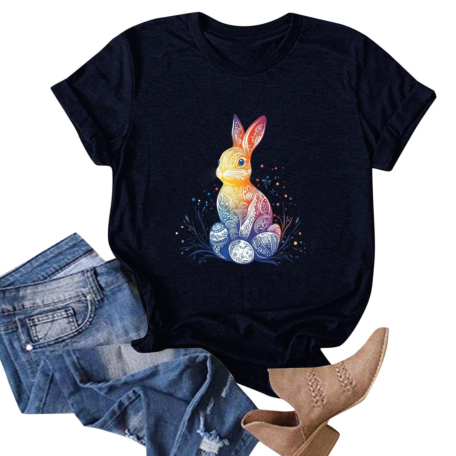 

Women s Easter Bunny Print Neck Short Sleeve T-Shirt Top XL Темно-синій