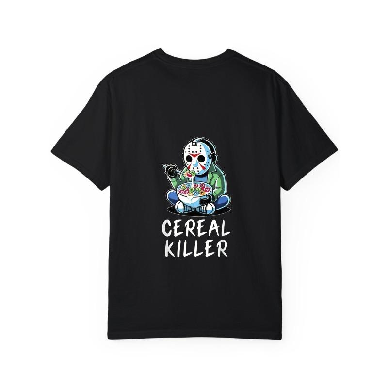 Baumwoll-T-Shirt Weiß Jason Voorhees isst Müsli mit Text Cereal Killer Horrorfilm-Parodie-Design für Freizeitkleidung und Halloween-Party