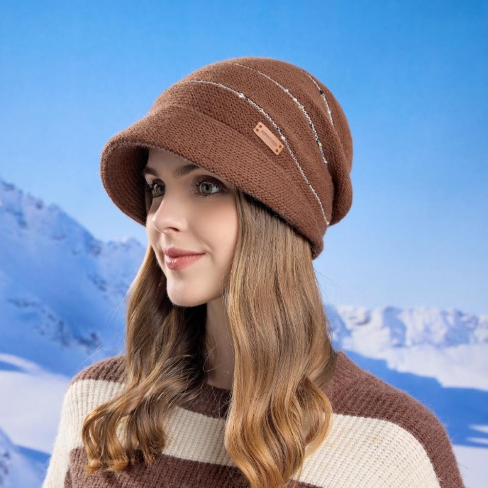 

Casual Style Fleece Lined Bonnet Warm Thickened Winter Beanies Knitted Hat Small Face Fit кавовий