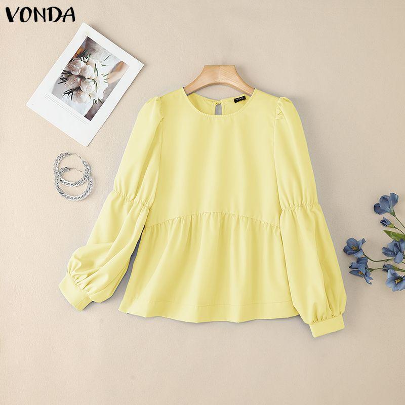 VONDA Damen Lässig Rundhals Puff Langarm Einfarbig Locker Bluse
