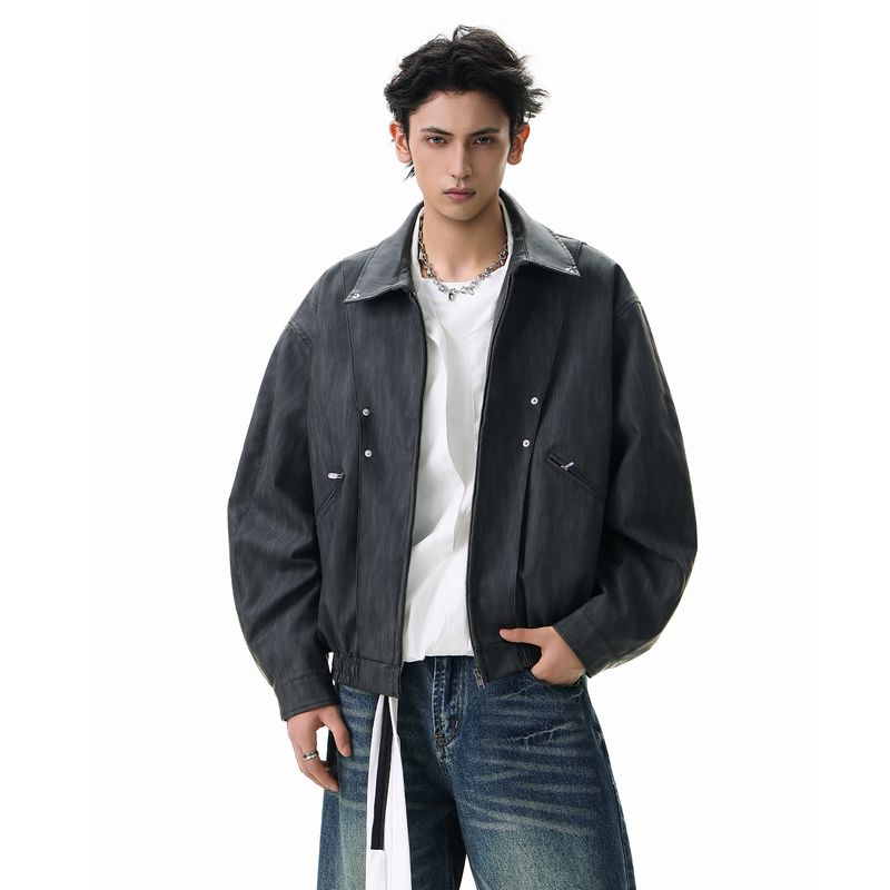 

Acrardic High Street Deconstructed Studded Pu Leather Lapel Jacket for Men, Cool and Unique Biker Style Tie-Dye Casual Jacket Black 2XL