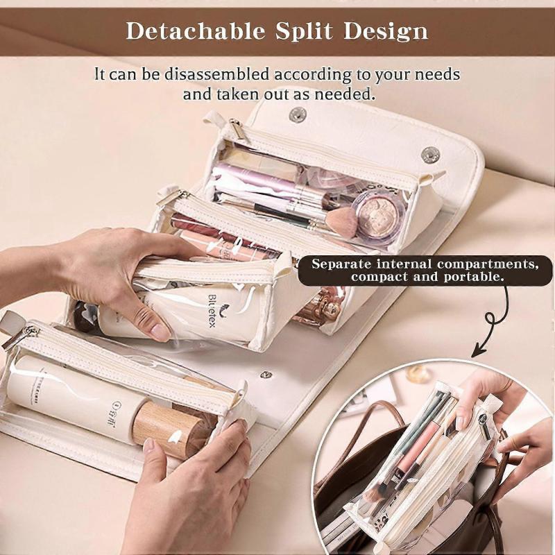 Folding Leather Waterproof Cosmetic Bag, Roll Up Travel Makeup Bag with 4 Detachable Clear Compartment Large Capacity Cosmetic Bags for Women