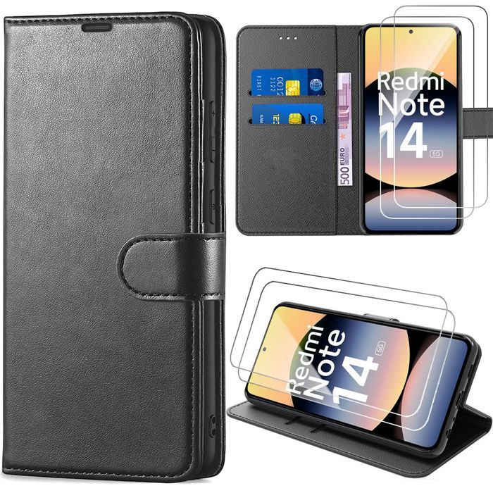Coque - E.F.CONNECTION - Pour Xiaomi Redmi Note 14 5G - Cuir Synthétique Noir - 2 Verres Trempés - Antichoc