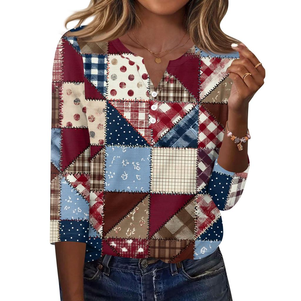 Damen T-Shirt mit Aufdruck, Knopfleiste, 3/4-Ärmel, für den Alltag, Wochenendmode, Basic, V-Ausschnitt, normales Oberteil