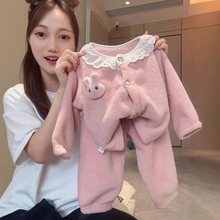 [Warm Winter] Kids Lace Homewear Two-Piece Set Girls Round Neck Casual Pajamas
