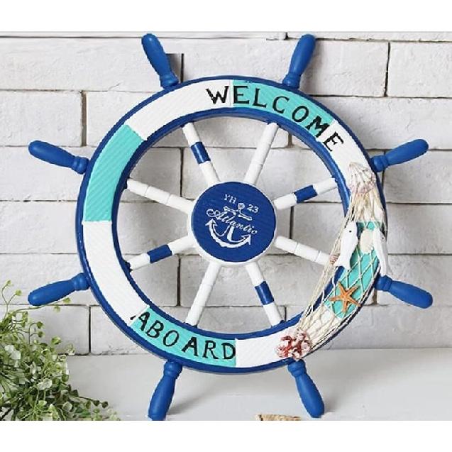 Nautical Ship Wheel Wall Decor, 18 In, White and Turquoise, Beach Theme with Seashells and Fish Net (11 Inch Crack Finishing)