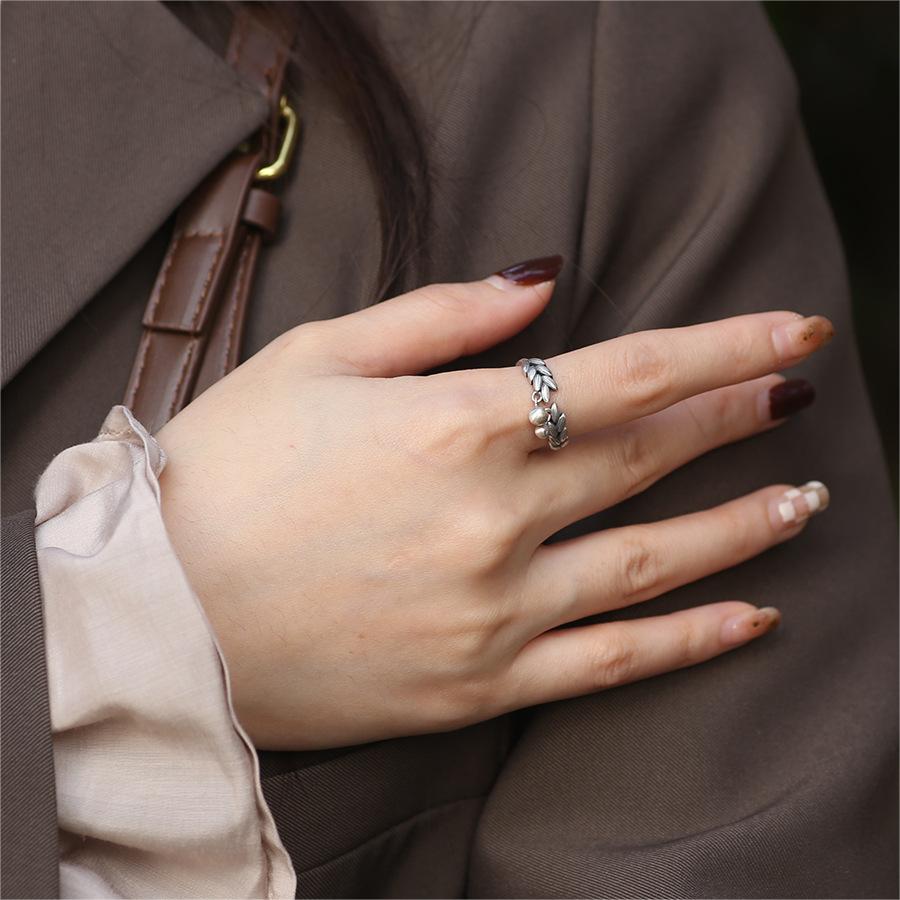 Literary Retro Wheat Ear Thai Silver Color Adjustable Ring Women Creative Round Beads Tassel Party Vacation  Accessories