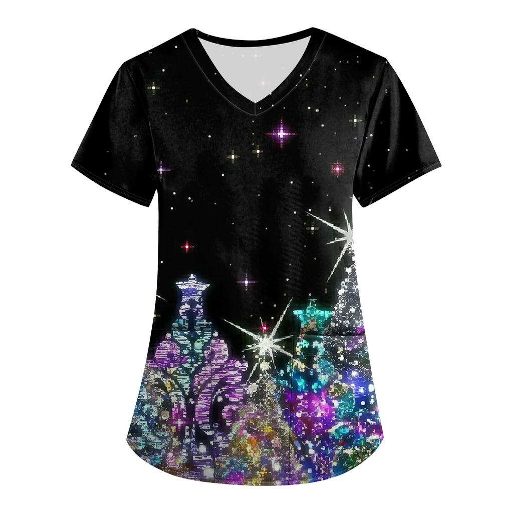 Plus SizePrinted Scrub Working Uniform Tops For Women's Cross V-Neck Print Short Sleeve Fun T-Shirts Workwear Tee With Pockets