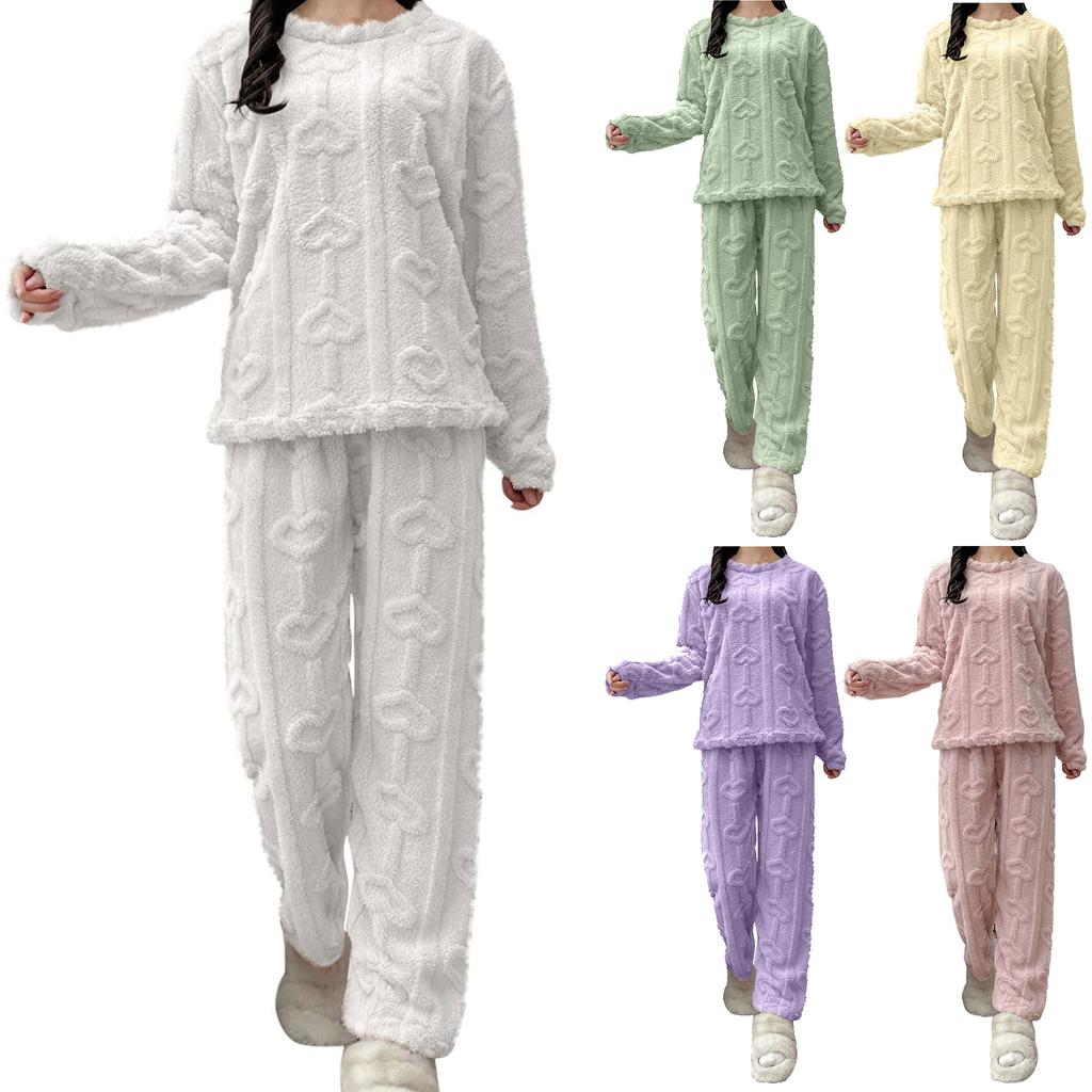Ladies' Fashionable Warm Top Casual Cotton Pants Home Solid Color Pajamas Set