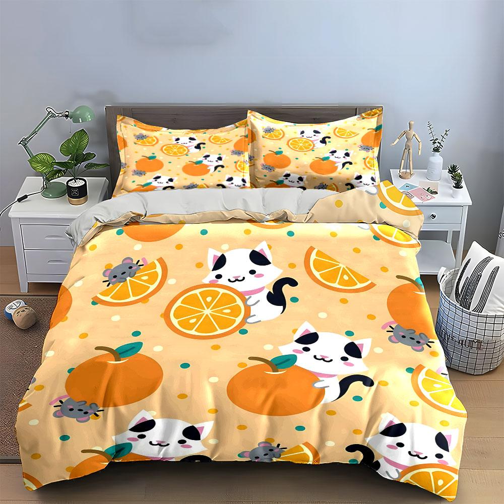 Cat and Orange Cartoon Pattern Bedding Duvet Cover Set (1*Duvet Cover 2*Pillowcases, Without Duvet Insert)