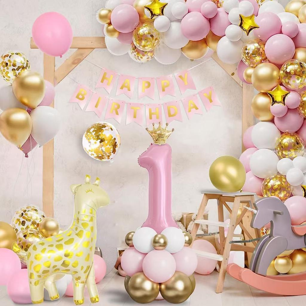 1St Birthday Decoration Girl Boy Pink Gold White Balloon Wreath Set With Gold Confetti Balloons