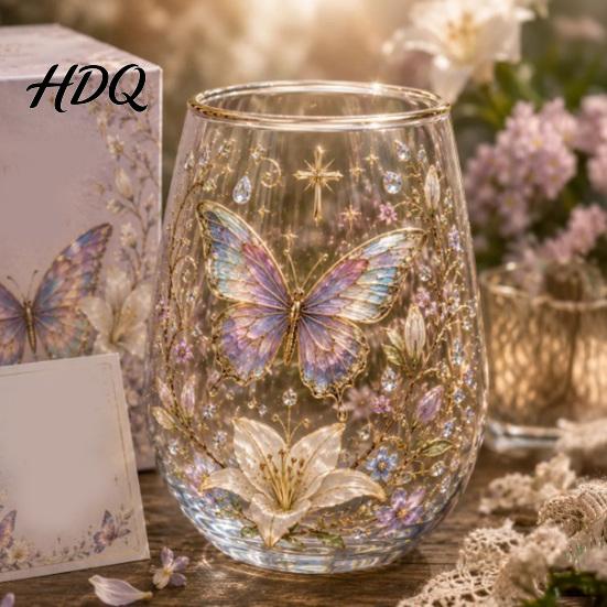 Hand-painted Glass Cup Hand Painted Tumbler Egg Shaped with Gold Rim Clear