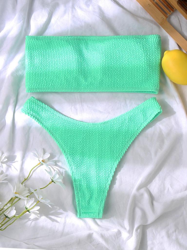Solid Color Crinkle Bandeau High Waist Bikini Set