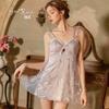 Women's Satin Mesh Butterfly Embroidered Deep V Padded Backless Tie Sleep Dress