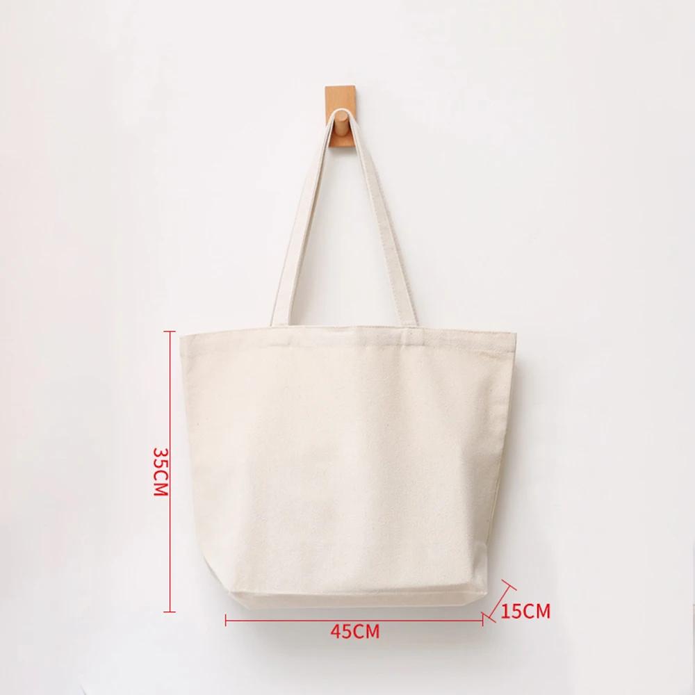 Large Capacity Canvas Shoulder Handbag Folding Eco-Friendly Cotton Tote Bags Reusable DIY Shoulder Bag Grocery Bag Beige White