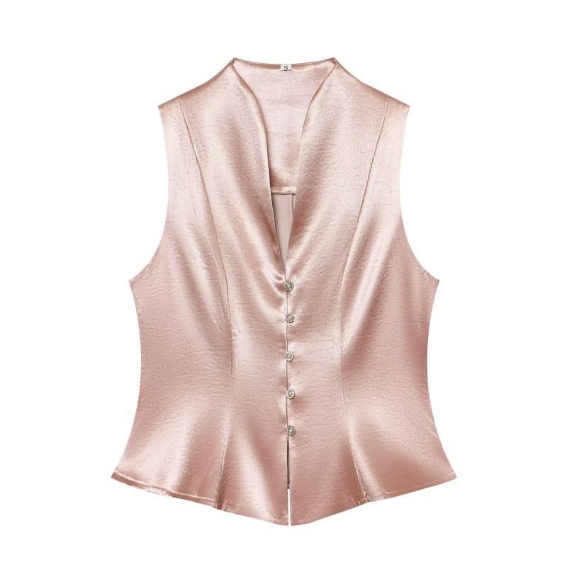 Elegant Satin-Feel Sleeveless V-Neck Top Pleated