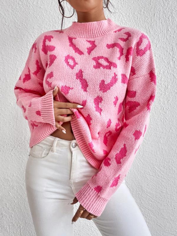 Leopard Print Jacquard Round Neck Women's Knit Sweater - Fashionable Spring & Autumn Pullover