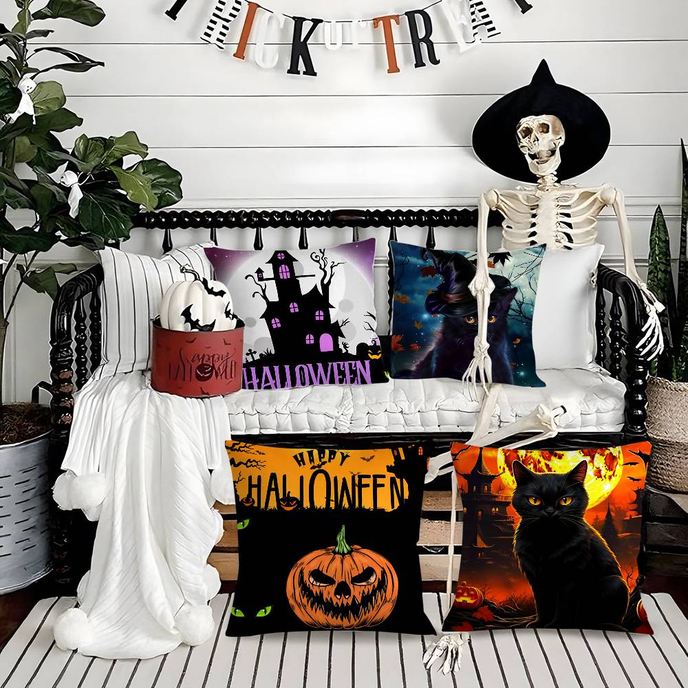 Cute Halloween Kitten Spooky Pillow Case Short Plush Double-Sided Print Square Throw Pillow Covers Sofa Home Cushion Decor