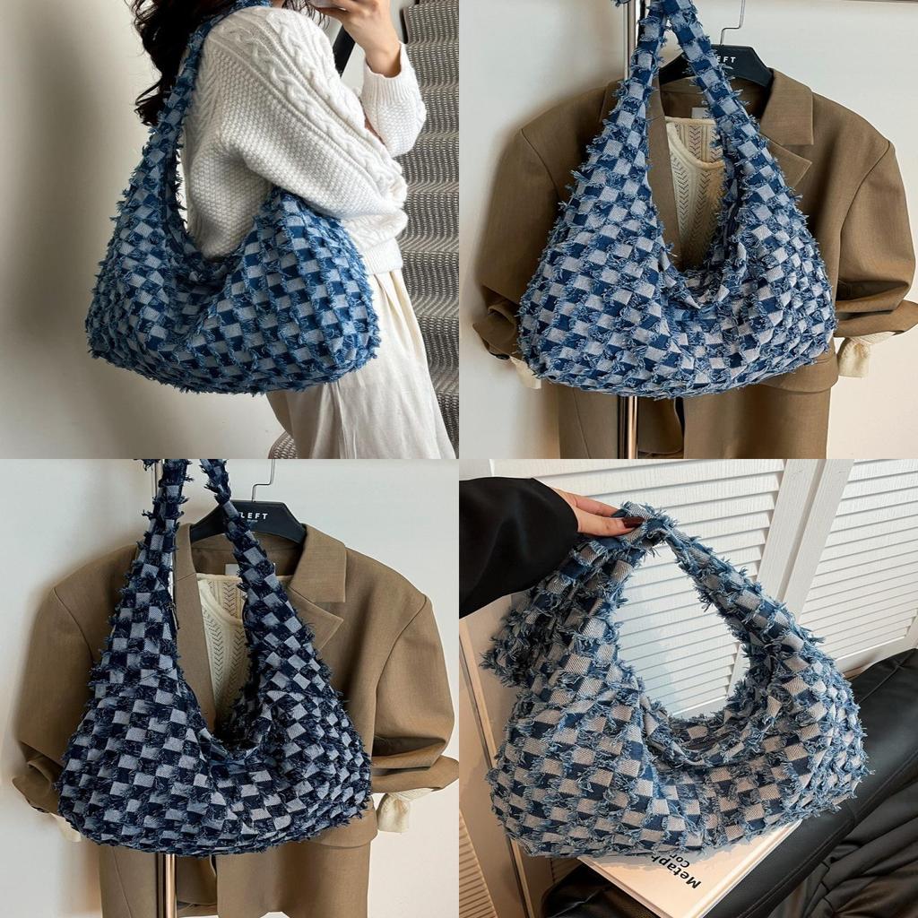 Denim Plaid Shoulder Bag With Zipper Closure For Casual Urban Style