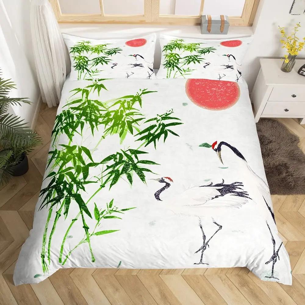 Japanese Fuji Mountain Duvet Cover Set Crane Bedding Set Watercolor Nature Tree Branches Comforter Cover Traditional Quilt Cover