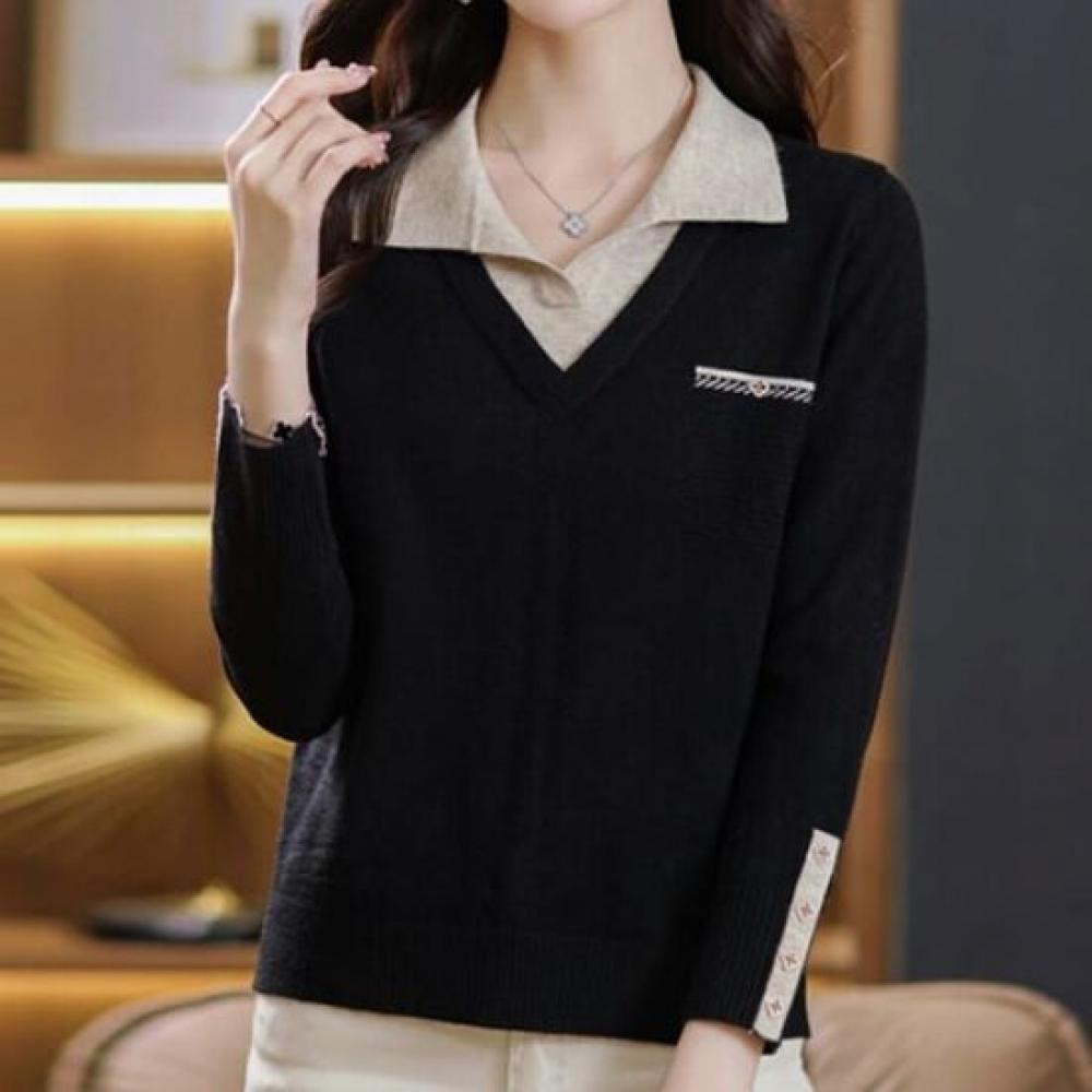 Navava Women Casual 2in1 Collar Long Sleeve Knit Top Nk2802