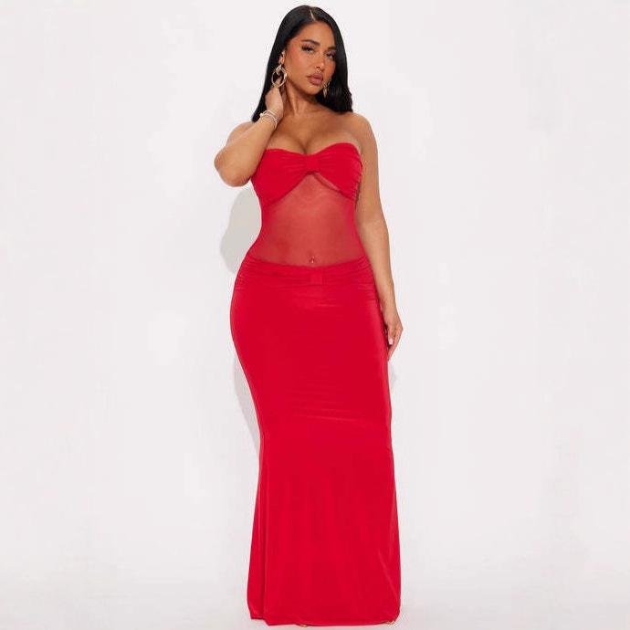 European and American Sexy Spice Girls Women's Clothing Nightclub Summer New Chest-wrapped Splicing Mesh Perspective Hip-wrapped Temperament Dress