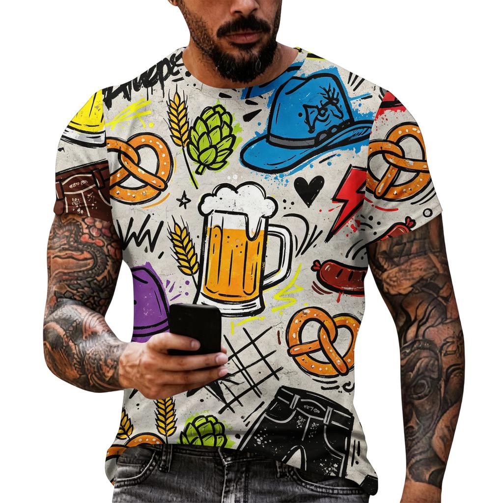 Men's Vintage Texture Print Short Sleeve T Shirt Loose Fit Casual Summer Daily Wear Top with Beer Mug and Brewing Elements Graphic Design