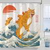 Artistic Cat Shower Curtain Set Iconic Wave Design Waterproof Bathroom Shower Curtain Japanese Art Style Print Bold Home Decor