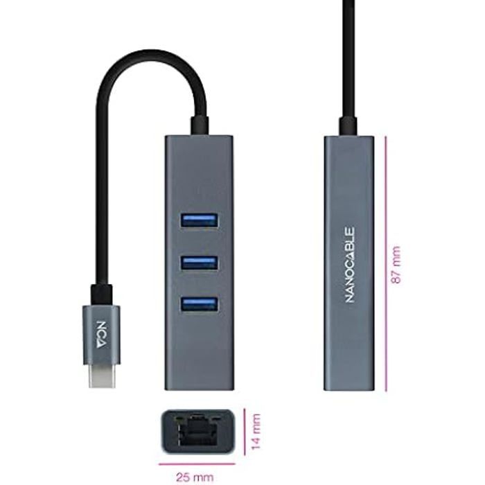 NANOCABLE 10.03.0408 - Convertisseur USB-C vers Gigabit Ethernet + 3XUSB 3.0, Aluminium, Gris, 15cm