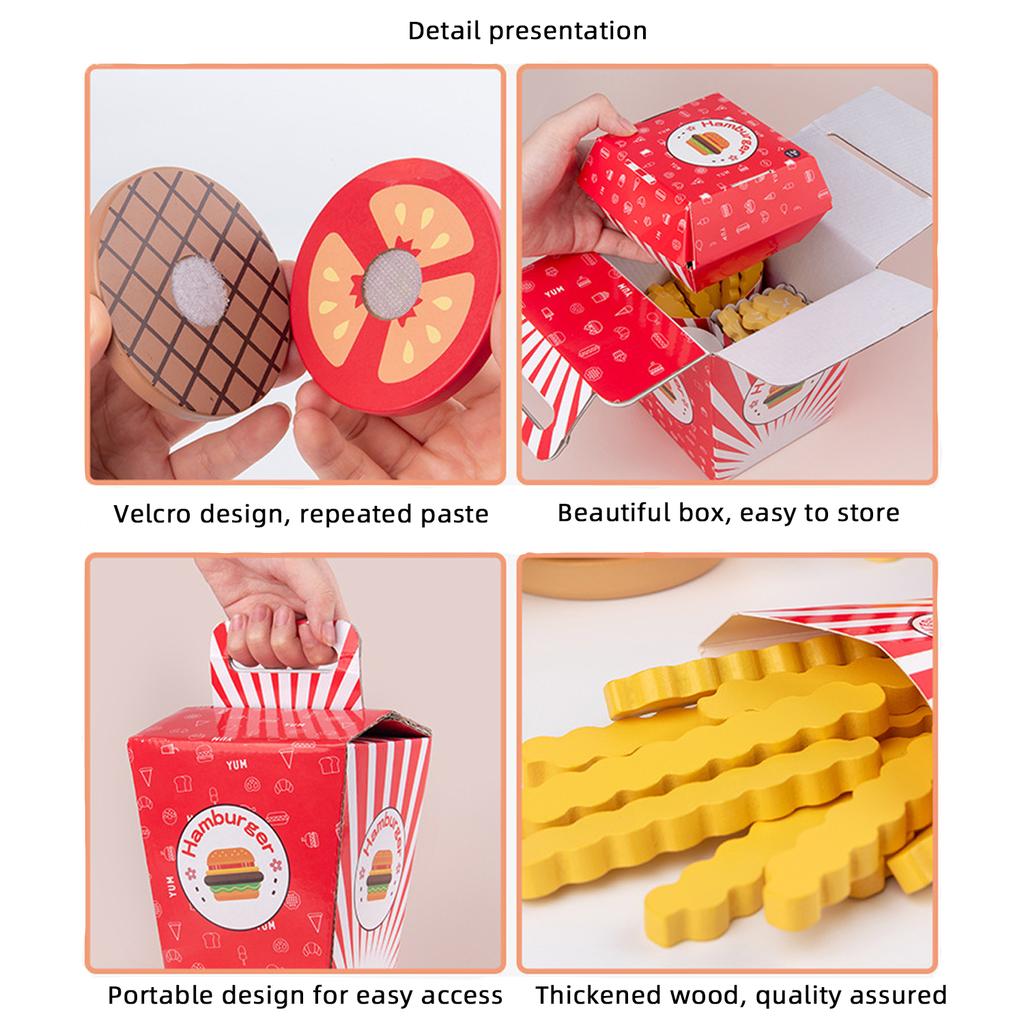 Children's Wooden Hamburger and French Fries Family Bucket Set, Combined with Simulated Kitchen, Family Food Gift Toys