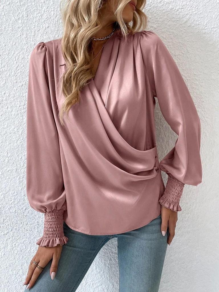 Elegant Women's V-Neck Lantern Sleeve Solid Color Shirt