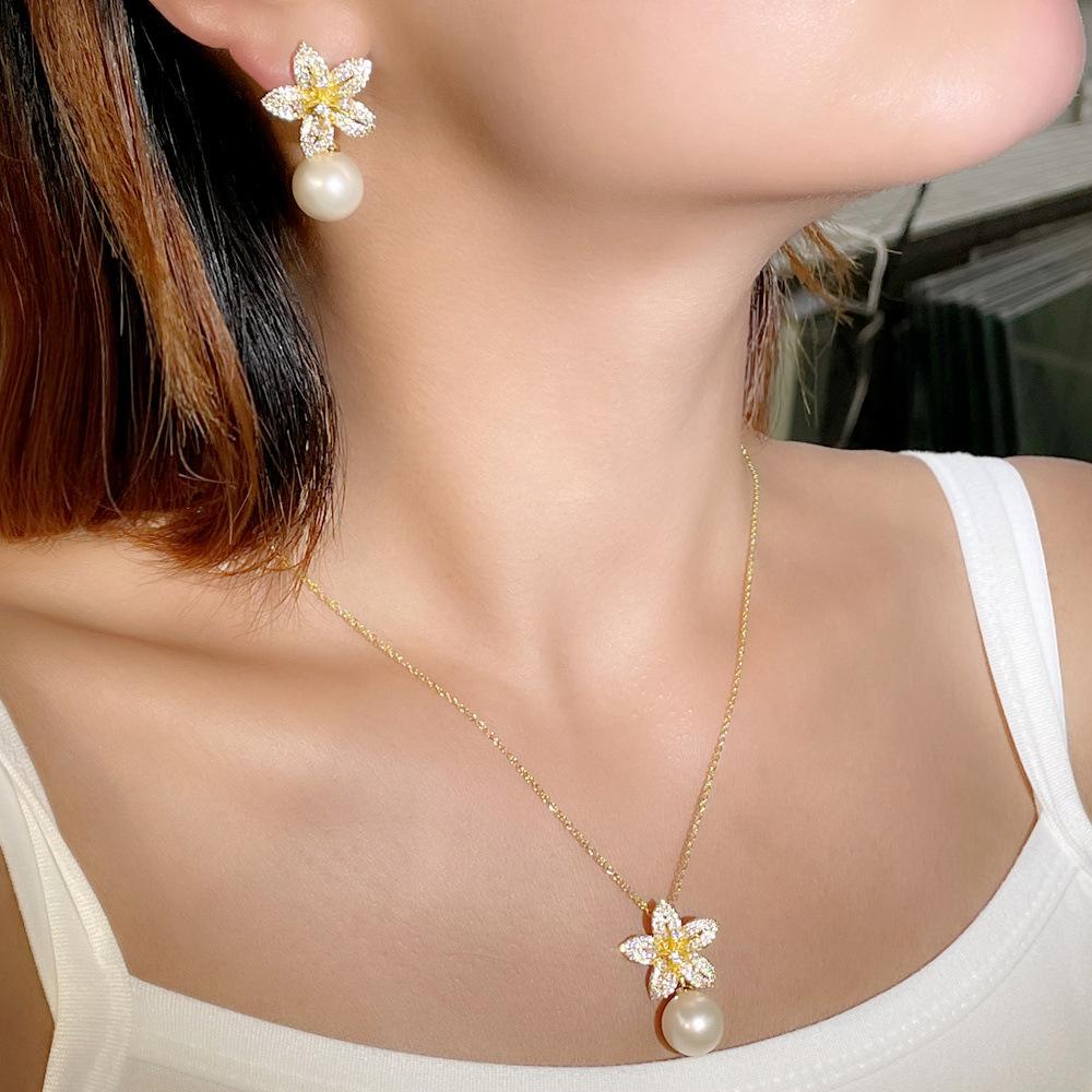 Pearl Small Flower Earrings Necklace Small Set Chain Female Super Fairy Sweet Temperament Micro-Inlaid Five-Petal Flower Set