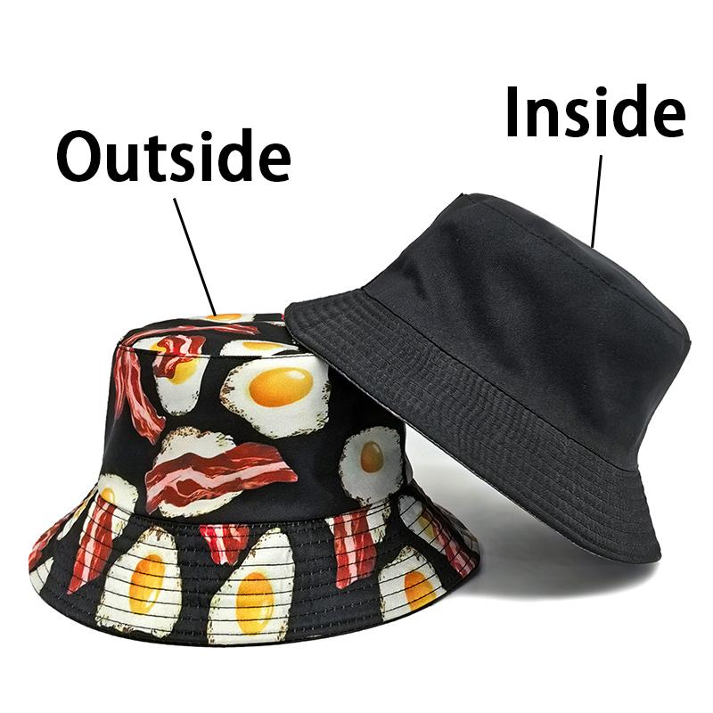 

Cartoon Pattern Bucket Hat Eggs Bacon Printing Fisherman Hats Foods Double Sides Panama Cap Caps Summer Outdoor Fashion Sunshade 56-58cm