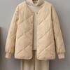 Winter Light Loose Women Down Jacket Rhombus Grid Collarless Round Neck Cotton Padded Small Coat