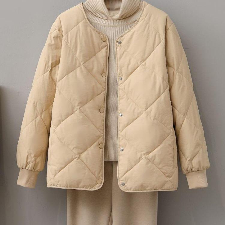 Winter Light Loose Women Down Jacket Rhombus Grid Collarless Round Neck Cotton Padded Small Coat