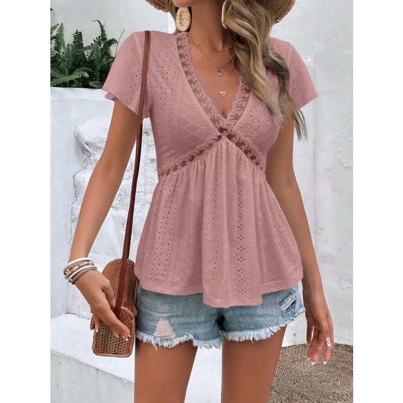 Damen Sommer Neue Kurzarm Jacquard T-shirt Spleißen Spitze Spitze V-ausschnitt Tops