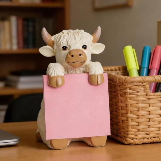 Highland Cow Pop-up Note Pad Dispenser Cute Resin Cow Memo Pads Note Holder for Home Office Desk Accessories