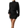 Women's Autumn Winter Pit Strip High Collar Lantern Sleeve Pleated Hip Wrap Dress