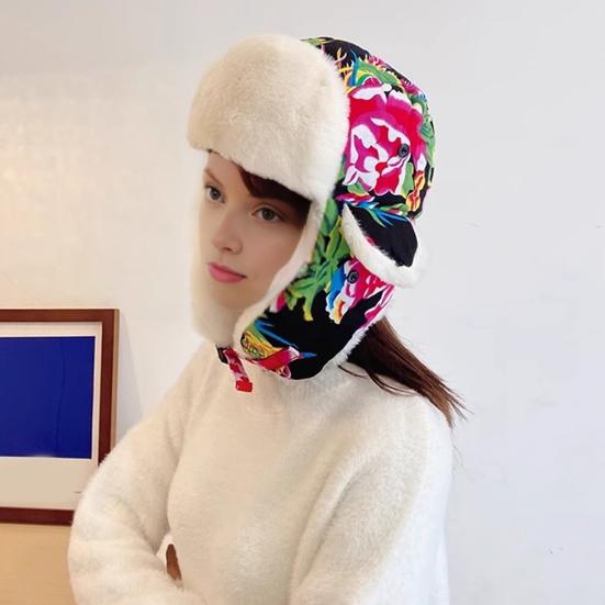 Lei Feng Hat Floral Pattern Thickened Plush Lining Northeastern Hat with Wide Brim Earmuffs Winter Outdoor Headwear