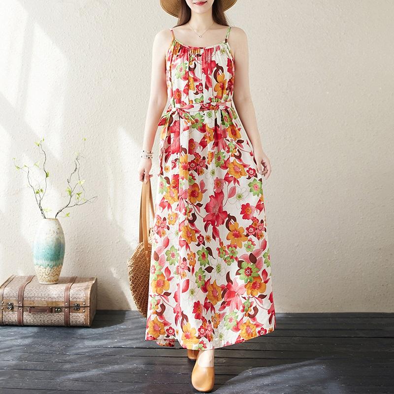 Sleeveless Strap Plus Size Cotton Vintage Floral New In Dresses For Women Casual Loose Long Summer Dress