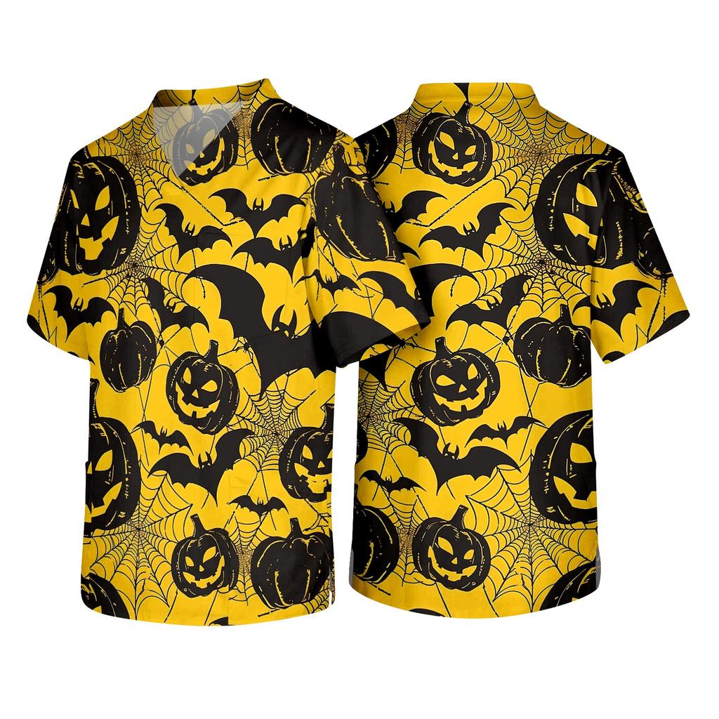 Men's Short Sleeve V Neck Halloween Print Medical Scrub Top with Chest Pocket Comfortable Fit Workwear for Healthcare Professionals