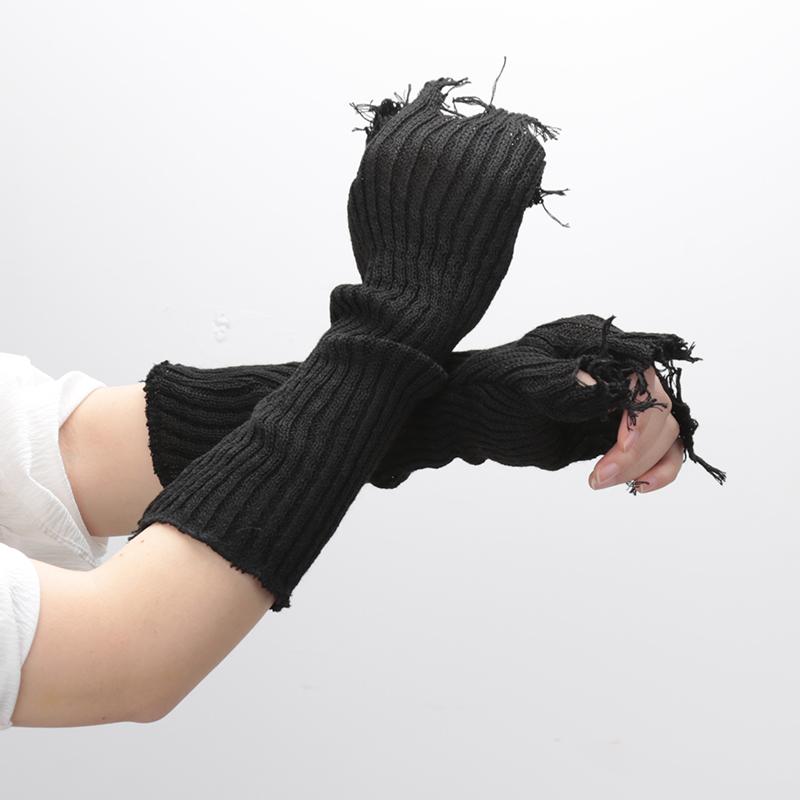 1pair Black Tattered Punk Unisex Fingerless Cuff Knit Gloves Women Men Elbow Length Mittens Broken Stretch Arm Warmer Gloves