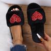 Fashion Fashion Heart Shaped Sequin Plush Slippers Women Open Toe Faux Fur Indoor Home Slides Woman Autumn Winter Fluffy Flat Slippers