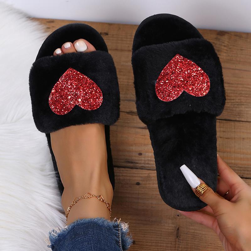 Fashion Fashion Heart Shaped Sequin Plush Slippers Women Open Toe Faux Fur Indoor Home Slides Woman Autumn Winter Fluffy Flat Slippers