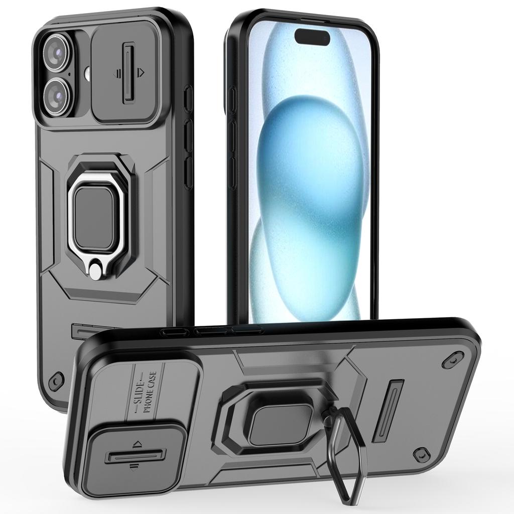 For iPhone 16 Plus Case PC+TPU Camshield Phone Cover with Ring Holder Kickstand