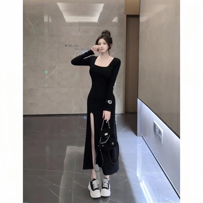 

Элегантное черное платье с длинным разрезом от Хепберн на осень XL