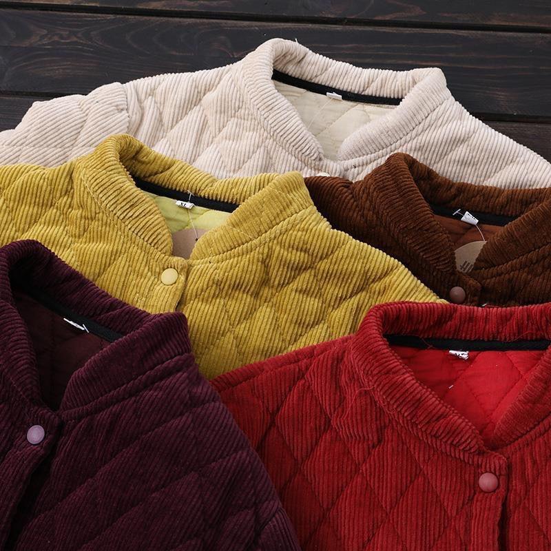Women's Winter Autumn Corduroy Quilted Cotton Padded Jacket Retro Loose Stand-Collar Diamond Pattern Short Corduroy Cotton Outerwear
