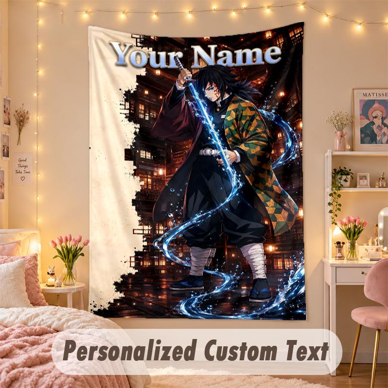 Custom Personalized Tapestry,Demon Slayer Print Custom Name Text Wall Art Hanging for Bedroom