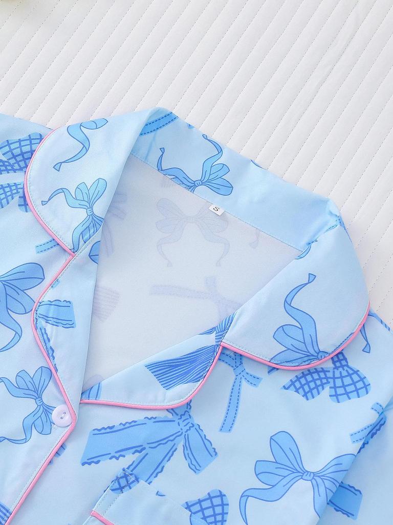 European and American Women's Bow Print Lapel Short Sleeve Pajama Set